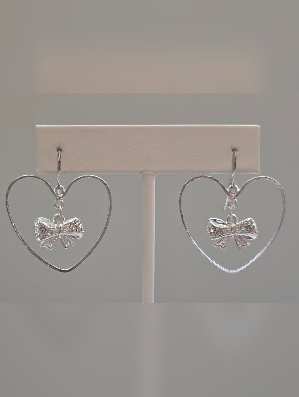 Silver Tone Heart Hoop Dangle Earrings with Sparkly Bow Charm